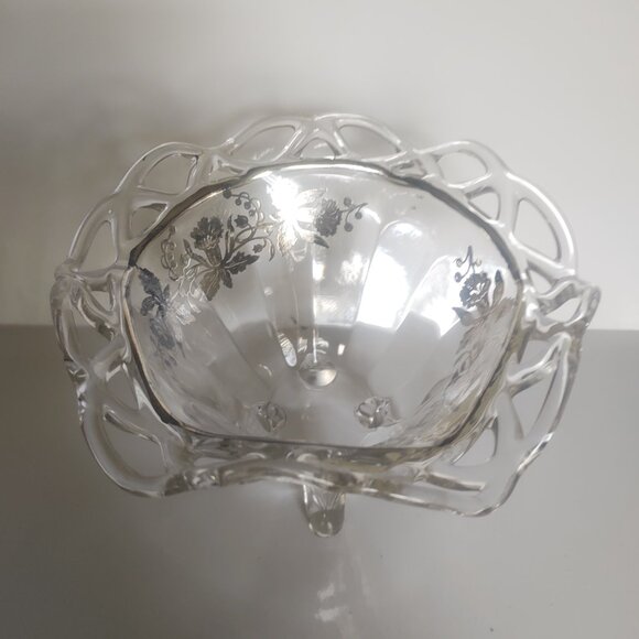 Vintage Imperial Glass Candy Bowl with Silver Floral overlay 7" diameter - Picture 5 of 6